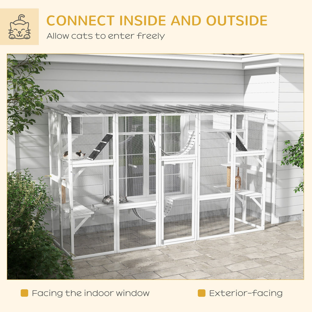 118" Large Outdoor Catio Cat Enclosure with Condos, Bridges & Posts, White - The Peculiar Pet