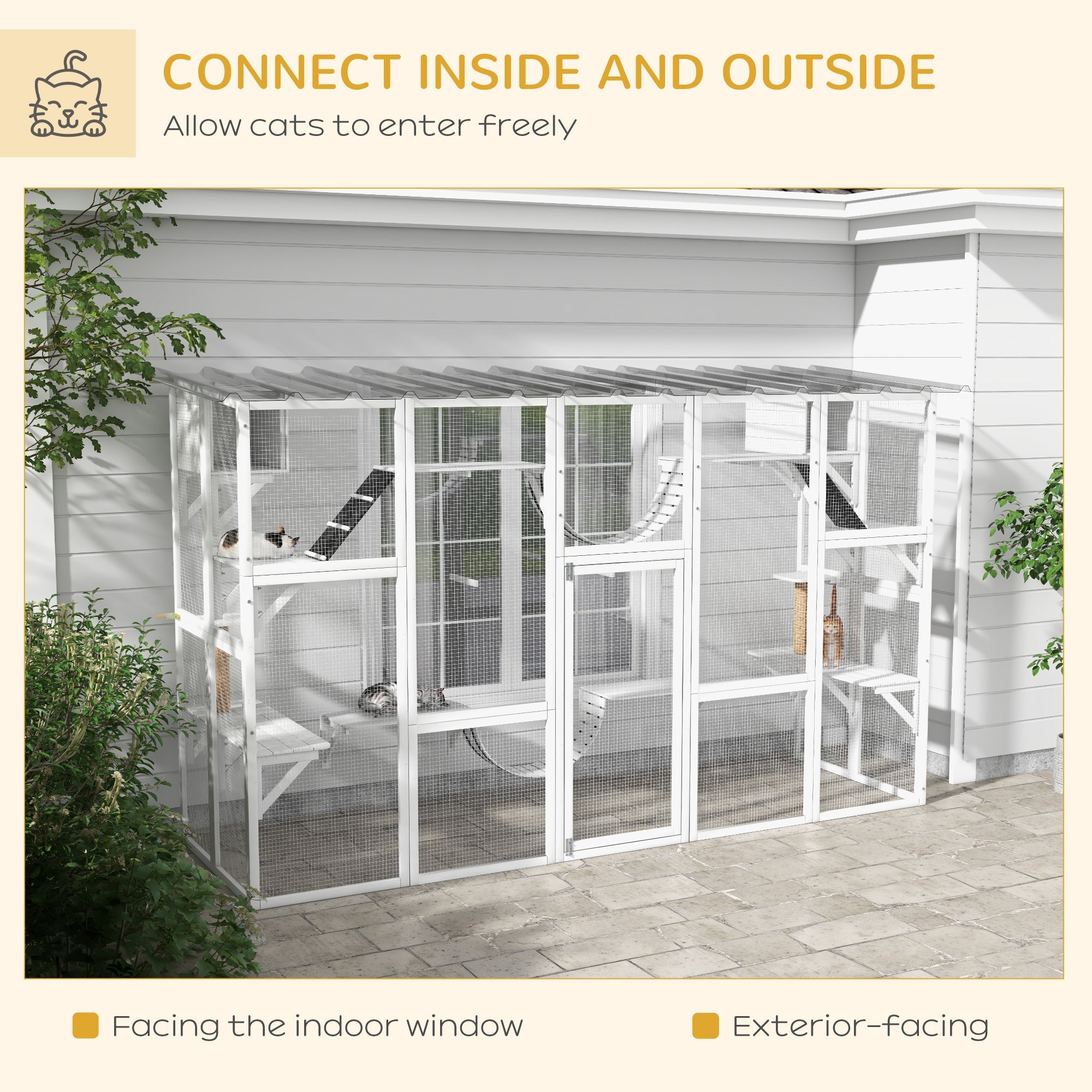 118" Large Outdoor Catio Cat Enclosure with Condos, Bridges & Posts, White - The Peculiar Pet