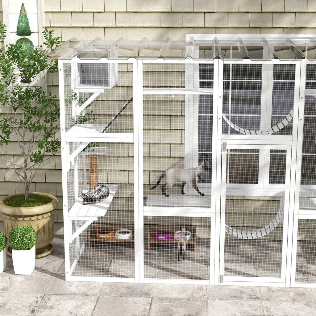 118" Large Outdoor Catio Cat Enclosure with Condos, Bridges & Posts, White - The Peculiar Pet