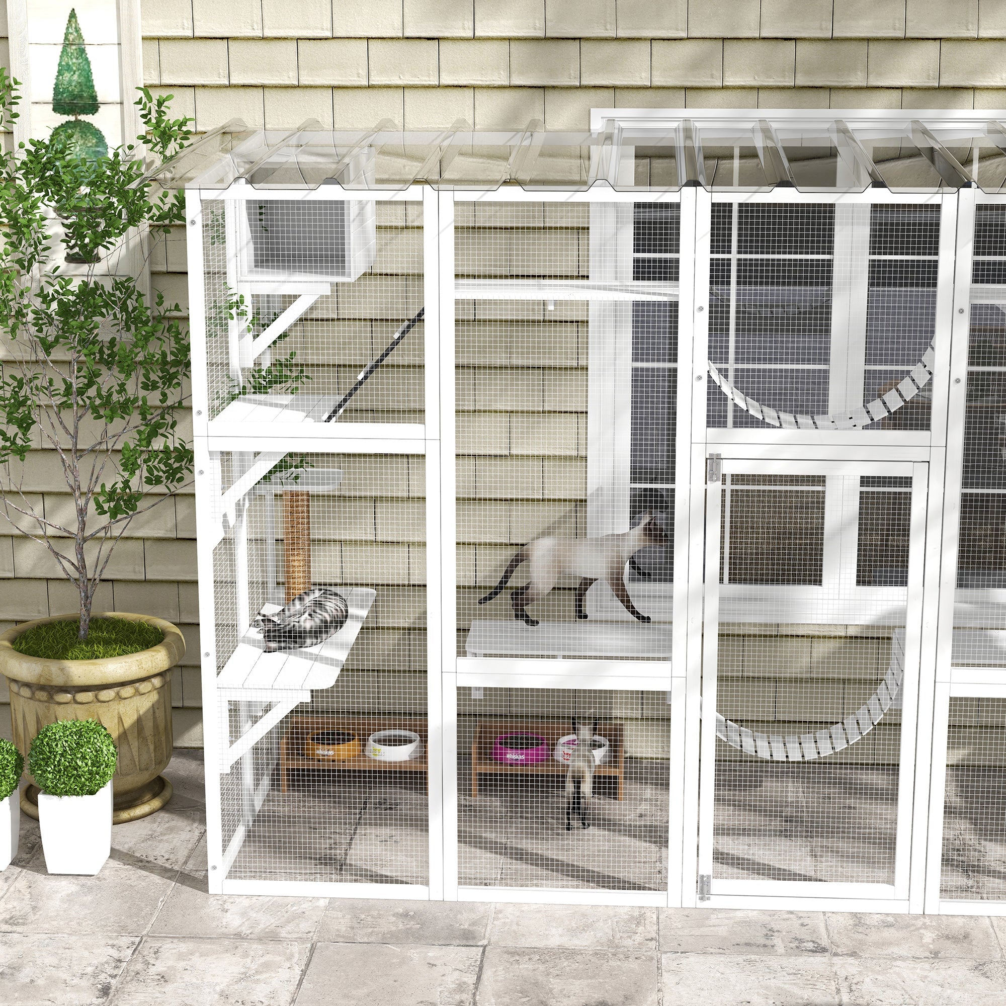 118" Large Outdoor Catio Cat Enclosure with Condos, Bridges & Posts, White - The Peculiar Pet