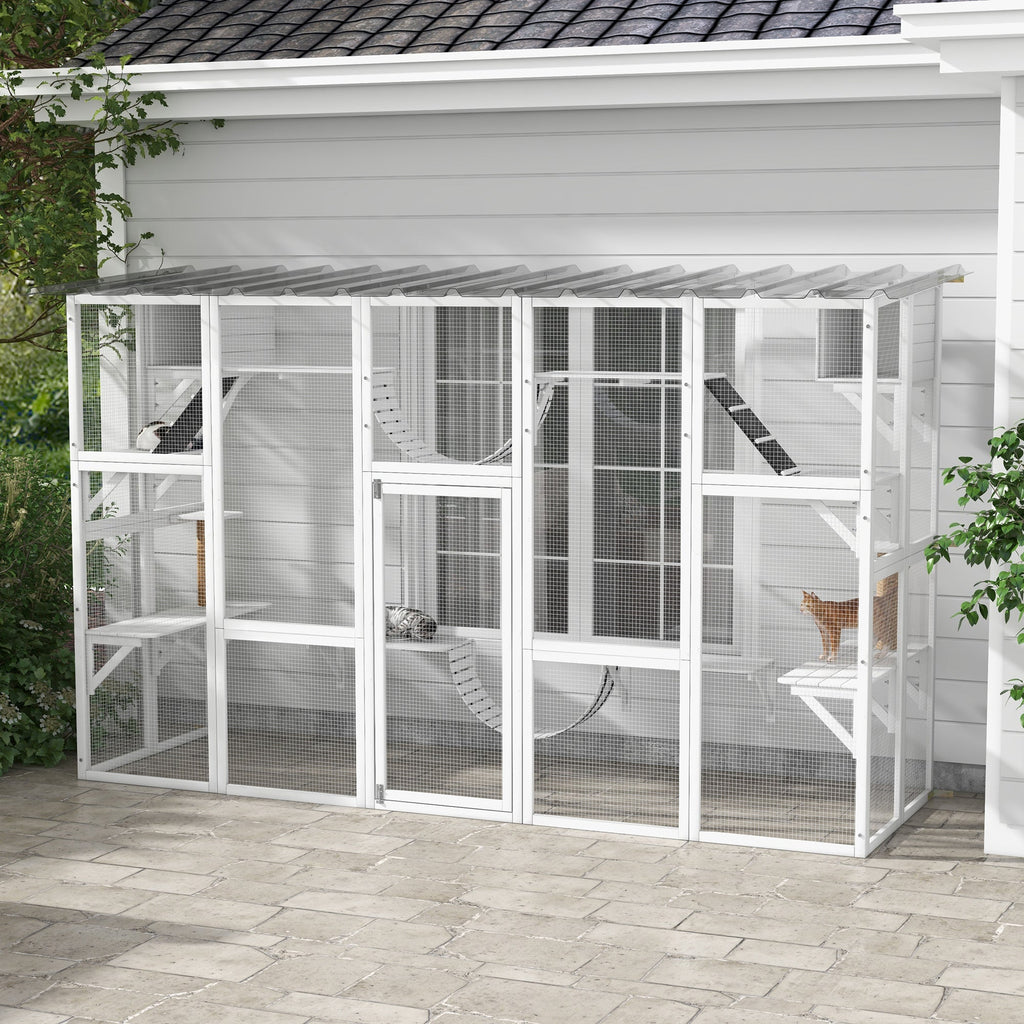 118" Large Outdoor Catio Cat Enclosure with Condos, Bridges & Posts, White - The Peculiar Pet