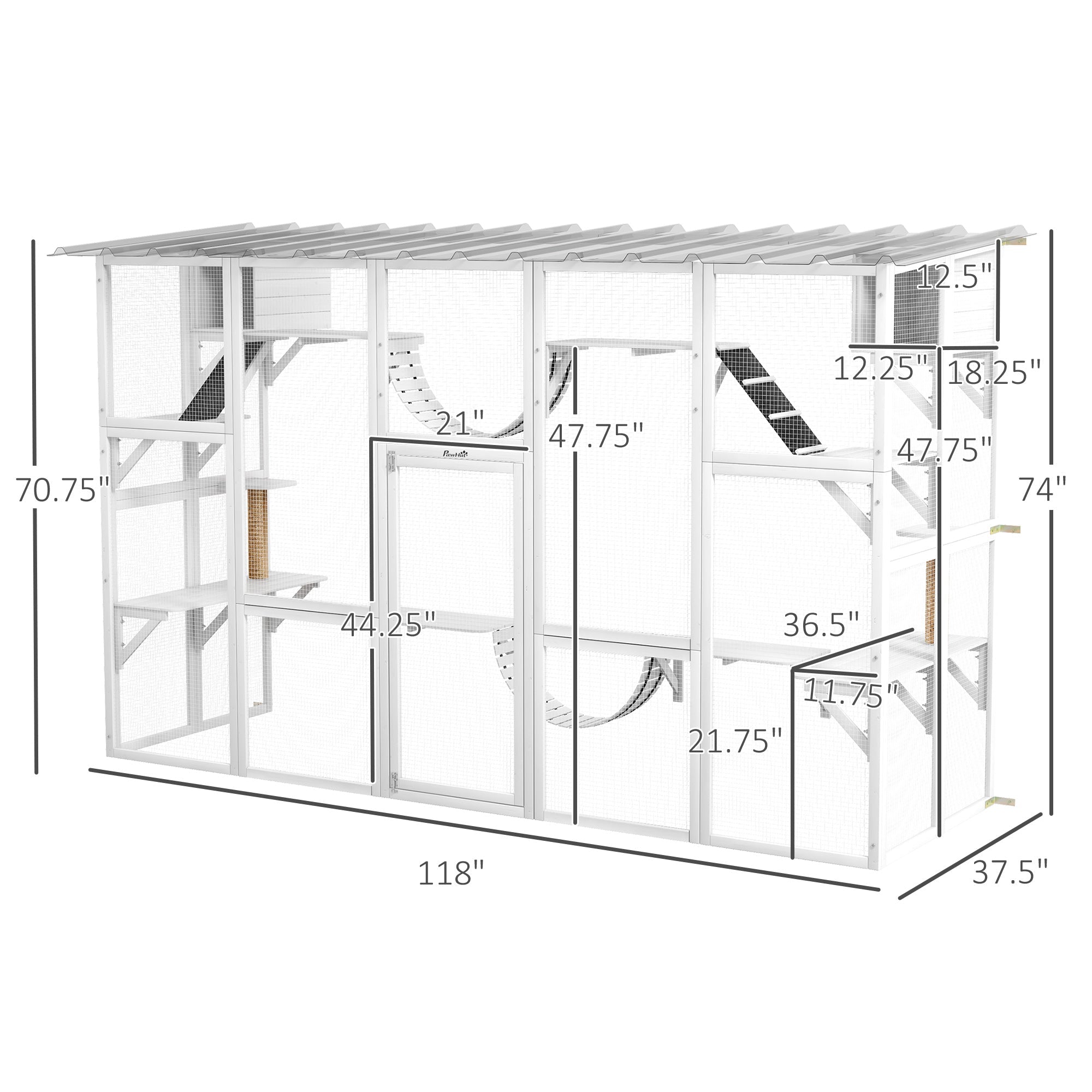 118" Large Outdoor Catio Cat Enclosure with Condos, Bridges & Posts, White - The Peculiar Pet