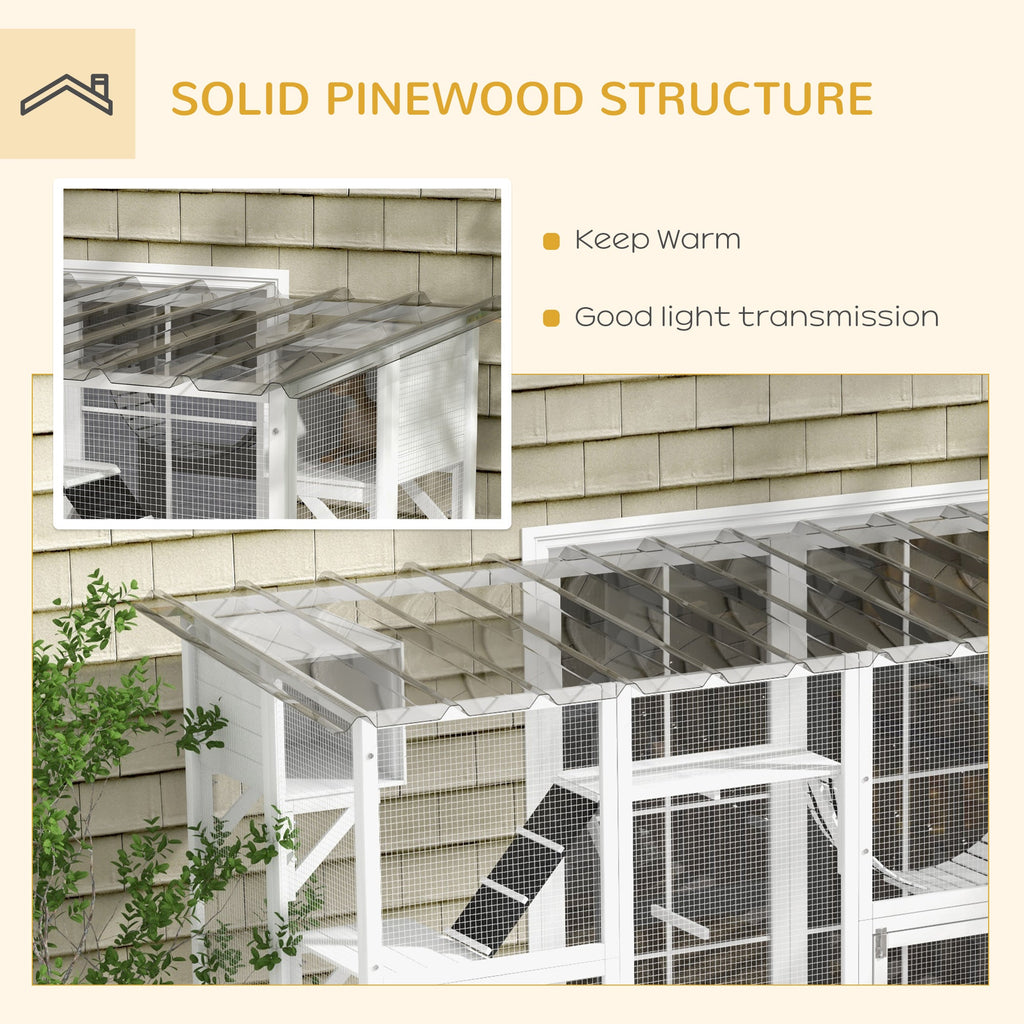118" Large Outdoor Catio Cat Enclosure with Condos, Bridges & Posts, White - The Peculiar Pet