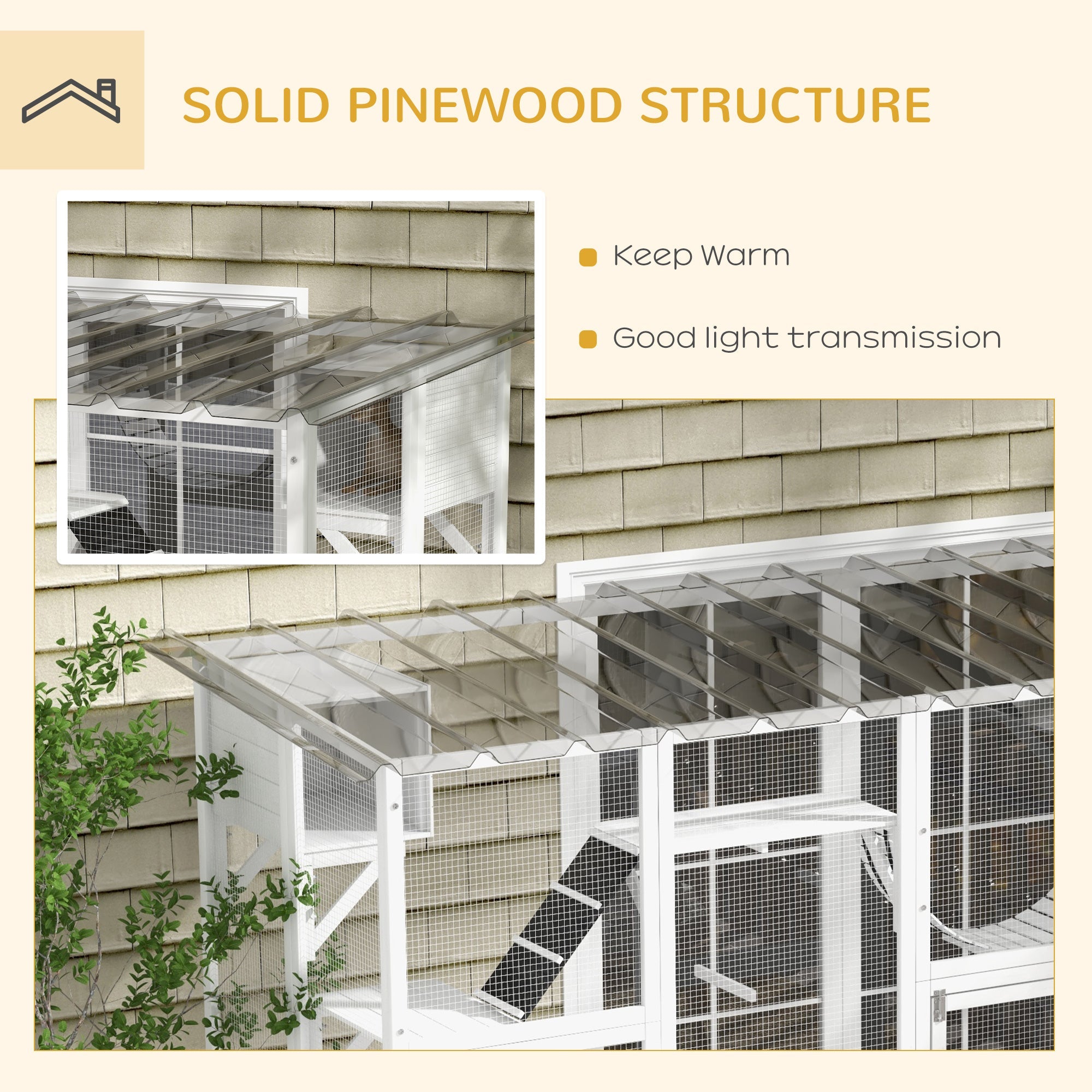 118" Large Outdoor Catio Cat Enclosure with Condos, Bridges & Posts, White - The Peculiar Pet