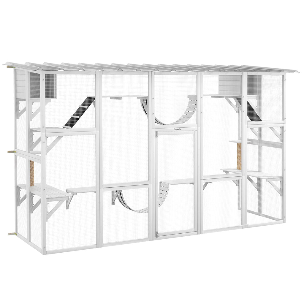 118" Large Outdoor Catio Cat Enclosure with Condos, Bridges & Posts, White - The Peculiar Pet