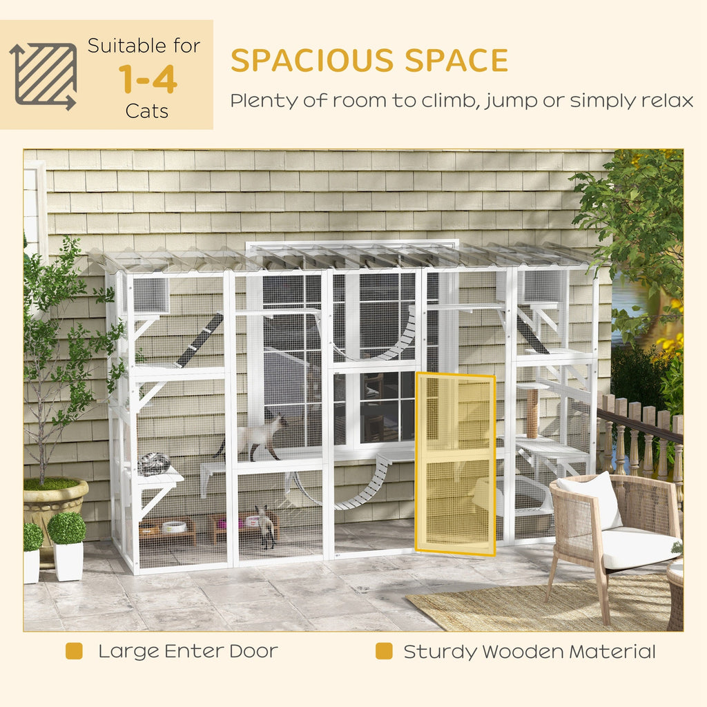 118" Large Outdoor Catio Cat Enclosure with Condos, Bridges & Posts, White - The Peculiar Pet