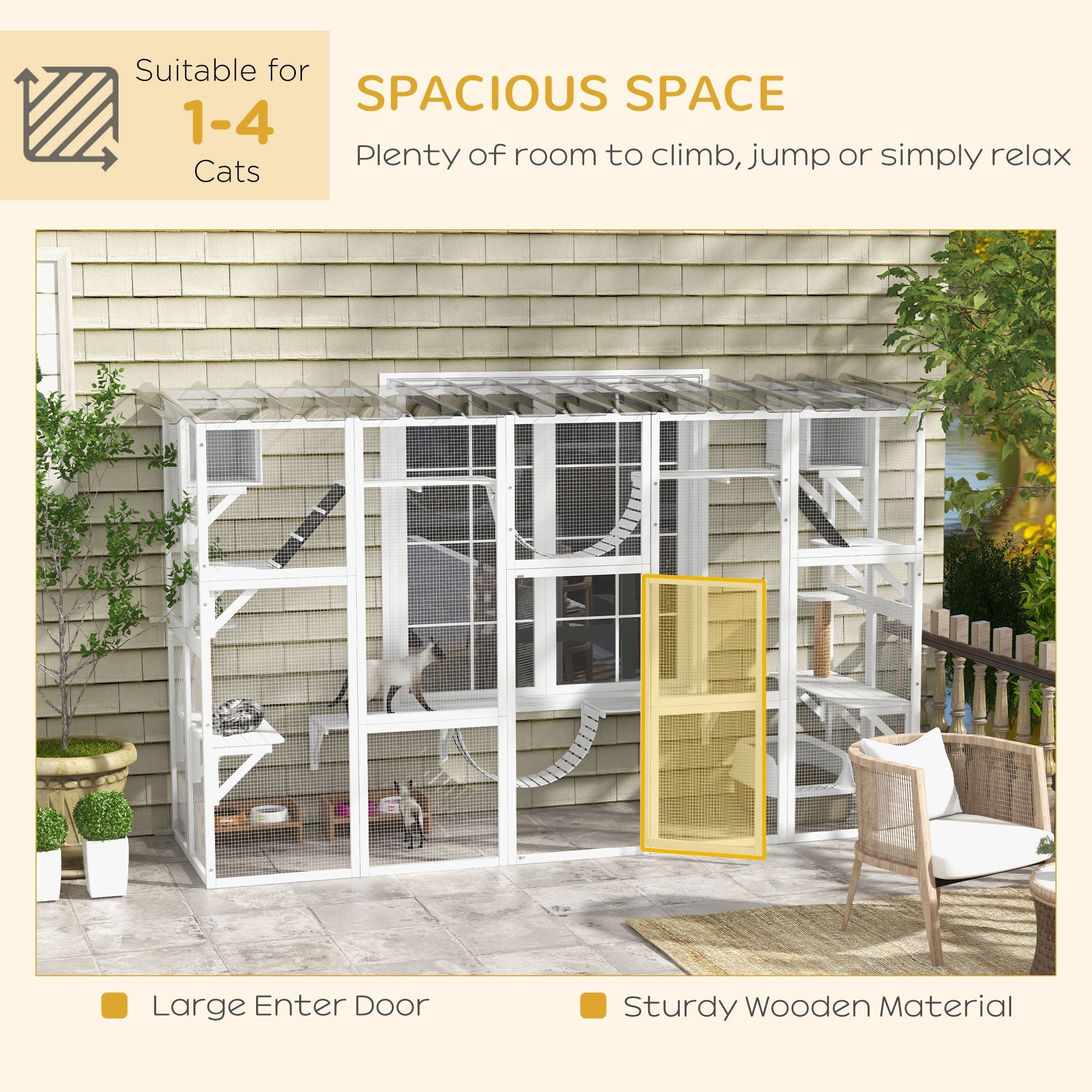 118" Large Outdoor Catio Cat Enclosure with Condos, Bridges & Posts, White - The Peculiar Pet