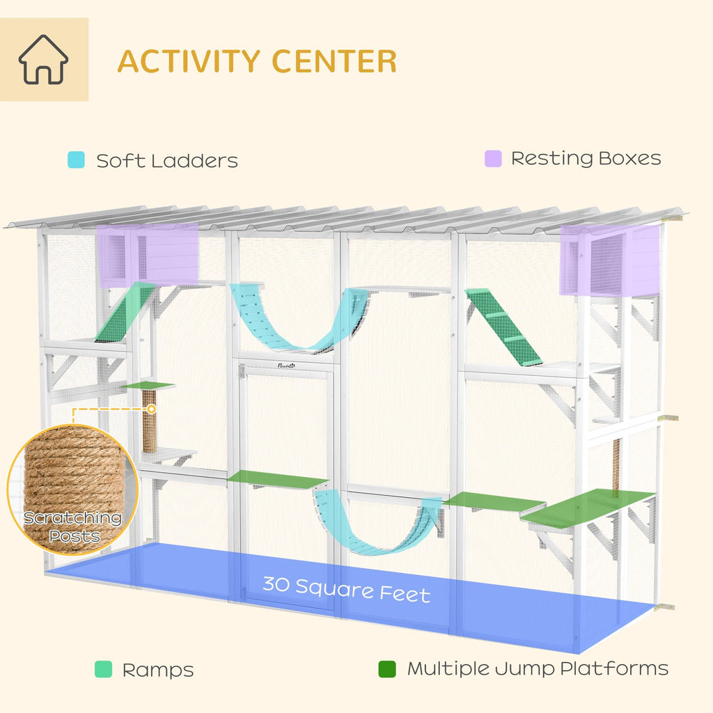 118" Large Outdoor Catio Cat Enclosure with Condos, Bridges & Posts, White - The Peculiar Pet
