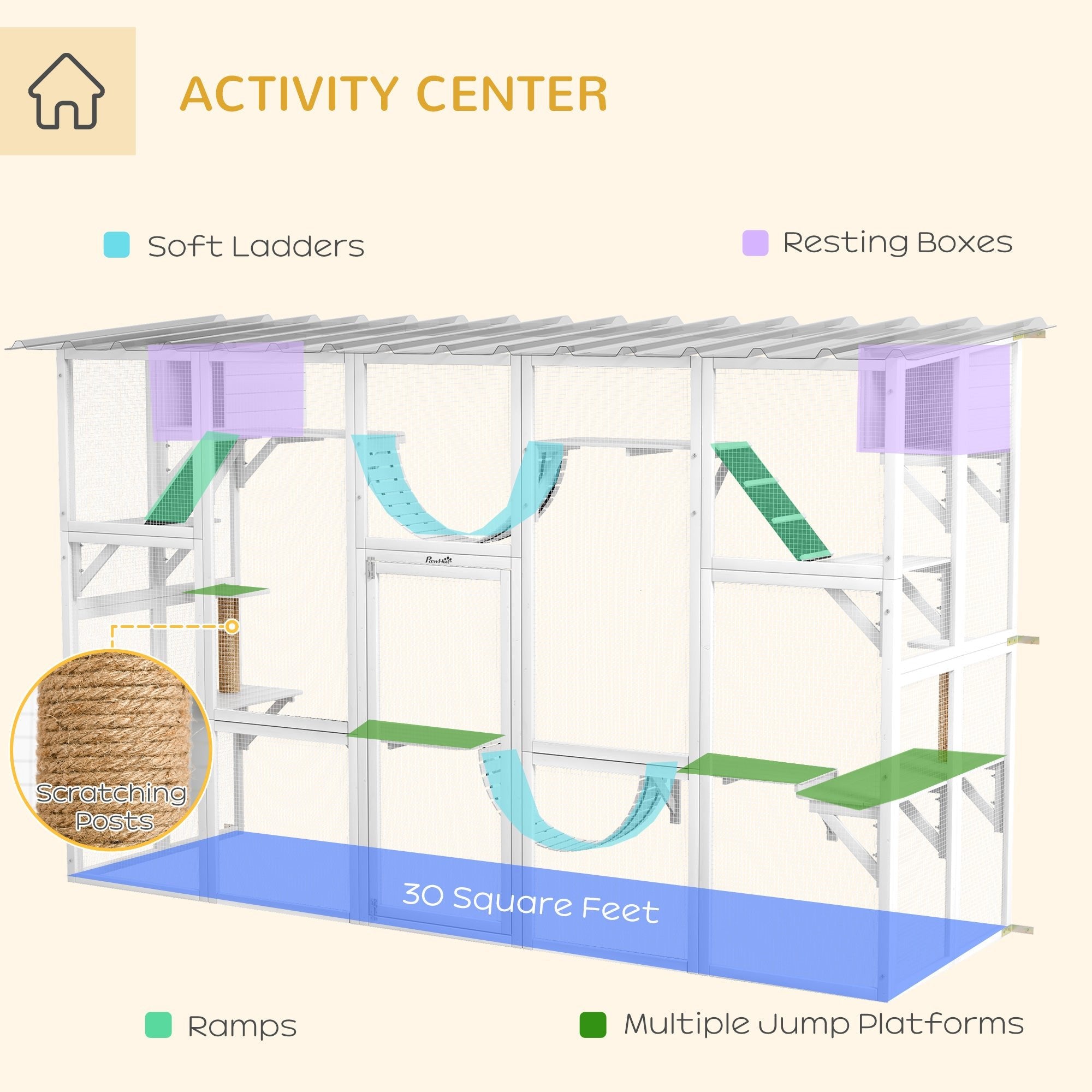 118" Large Outdoor Catio Cat Enclosure with Condos, Bridges & Posts, White - The Peculiar Pet