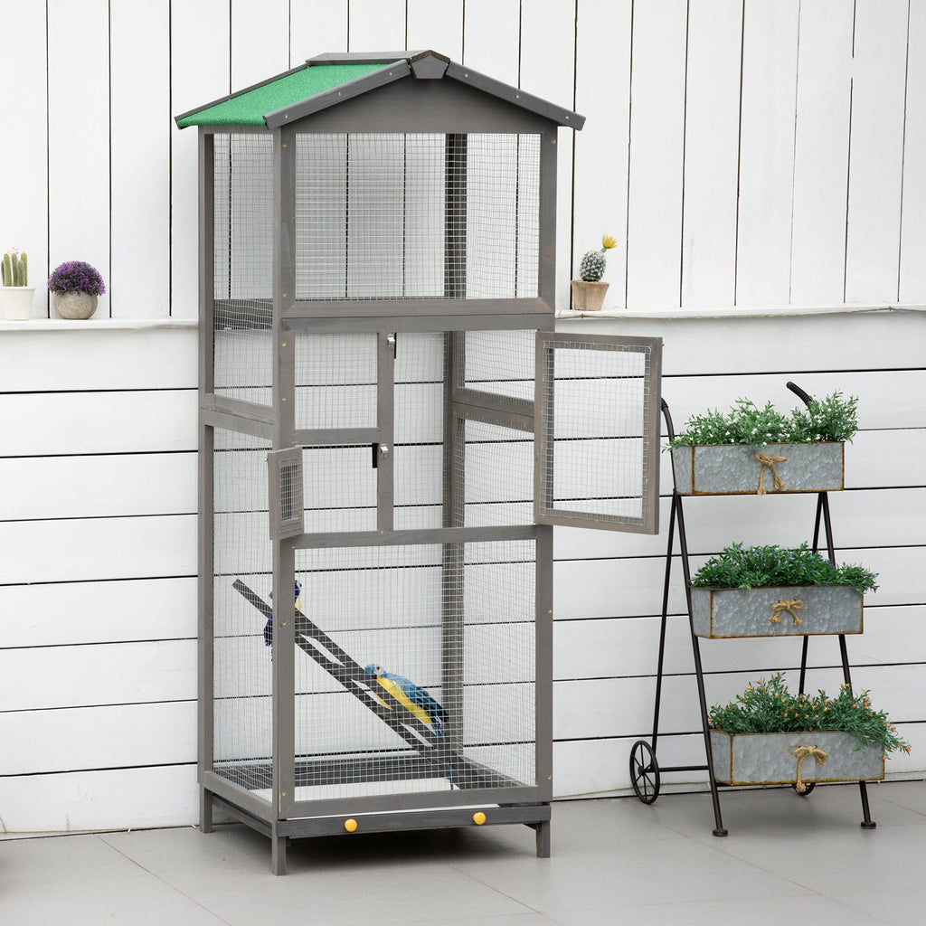 65" Wooden Bird Cage Outdoor Aviary House for Parrot, Parakeet, with Pull Out Tray and 2 Doors, Grey - The Peculiar Pet