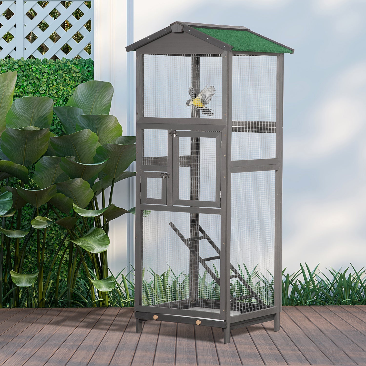 65" Wooden Bird Cage Outdoor Aviary House for Parrot, Parakeet, with Pull Out Tray and 2 Doors, Grey - The Peculiar Pet