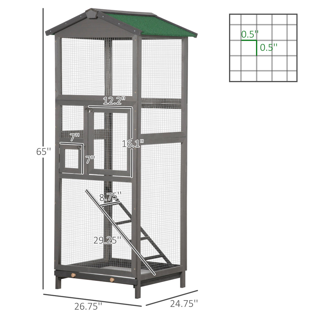 65" Wooden Bird Cage Outdoor Aviary House for Parrot, Parakeet, with Pull Out Tray and 2 Doors, Grey - The Peculiar Pet