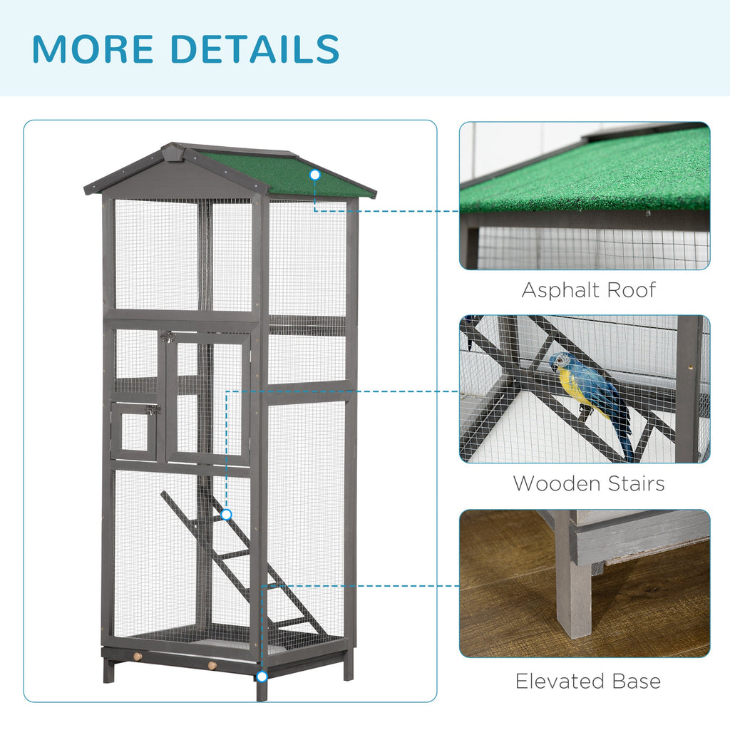 65" Wooden Bird Cage Outdoor Aviary House for Parrot, Parakeet, with Pull Out Tray and 2 Doors, Grey - The Peculiar Pet