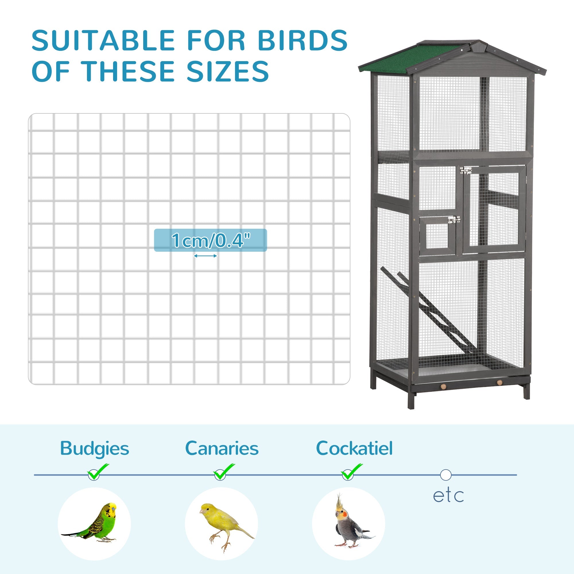 65" Wooden Bird Cage Outdoor Aviary House for Parrot, Parakeet, with Pull Out Tray and 2 Doors, Grey - The Peculiar Pet
