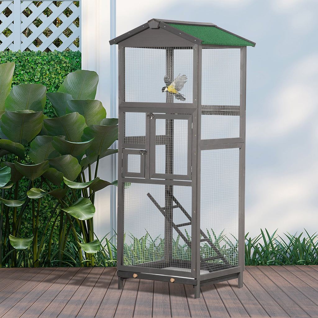 65" Wooden Bird Cage Outdoor Aviary House for Parrot, Parakeet, with Pull Out Tray and 2 Doors, Grey - The Peculiar Pet