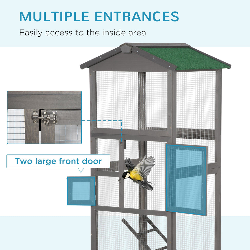 65" Wooden Bird Cage Outdoor Aviary House for Parrot, Parakeet, with Pull Out Tray and 2 Doors, Grey - The Peculiar Pet