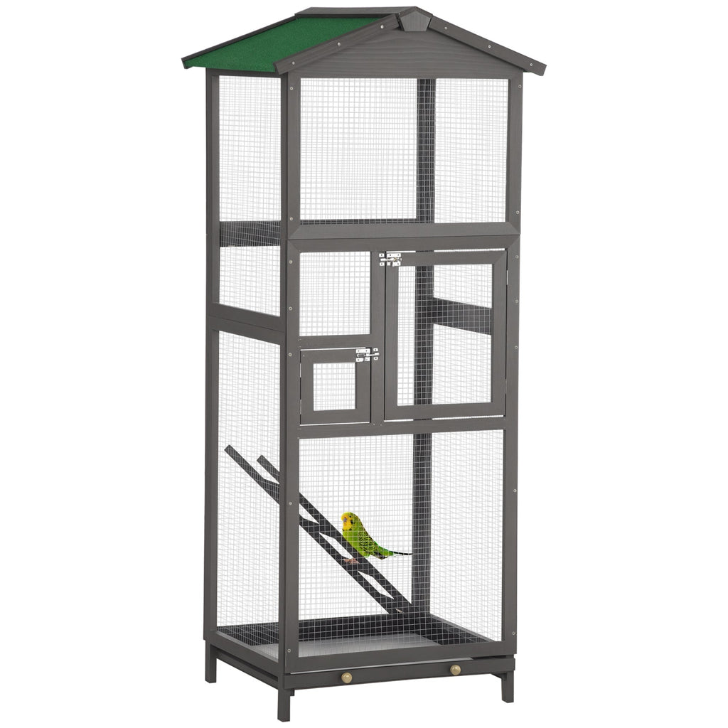 65" Wooden Bird Cage Outdoor Aviary House for Parrot, Parakeet, with Pull Out Tray and 2 Doors, Grey - The Peculiar Pet